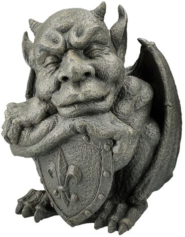 Figuren Shop GmbH Gartenfigur Gargoyle mit Schild – Mystische Fantasy Statue, Wächter Skulptur 32,5 cm