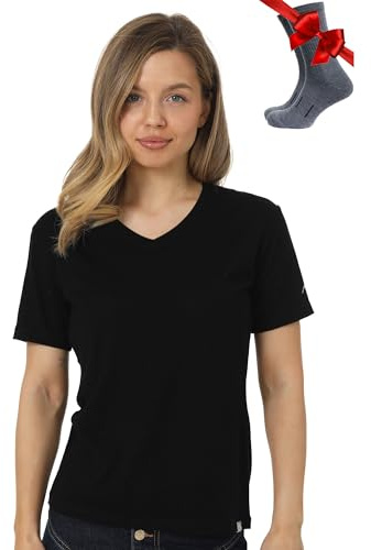Merino.tech 100% Merino Shirt Damen V-Ausschnitt Outdoor + Wollsocken | Schnelltrocknend, Atmungsaktive Merino Tshirt Damen, Geruchshemmend, Frisch, Thermo Sportshirt, für Wandern & Alltag
