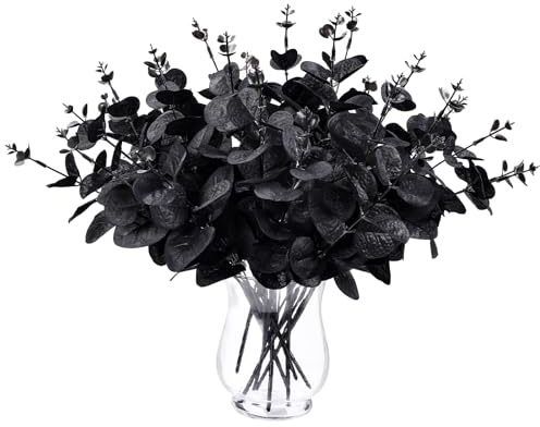 XIMISHOP 18Pcs Halloween Black Eucalyptuses,Artificial Faux Black Eucalyptus Stems Branches for Halloween Party Home Decor Office Table Centerpieces DIY Flower Arrangement