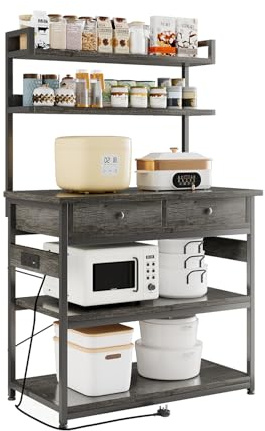 Flrrtenv 5-Tiers Bakers Rack, Kitchen Storage Shelves with 2 Drawers, Coffee Bar with Power Socket, Kitchen Storage Unit Metal Frame & Wooden Board, 42 x 80 x 148 cm, Gray