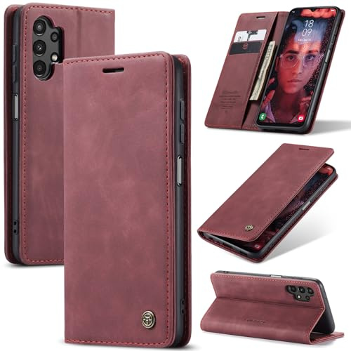 Lanranwa Handyhülle für Samsung Galaxy A13 4G/5G Hülle Premium Lederhülle Klappbar Flip Case Handytasche Schutzhülle Klapphülle Standfunktion für Samsung Galaxy A13-Weinrot