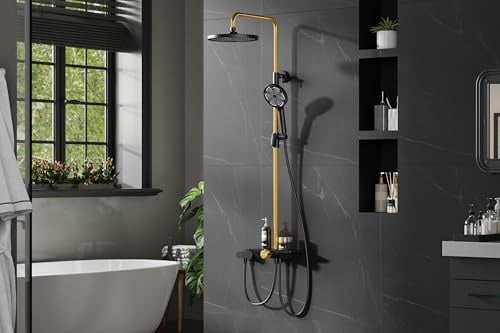 Duschsystem ohne Armatur, Edelstahl Regendusche Mit Duschkopf, Chrom Duschstange mit Ablage, Duschsäule & Handbrause Duschkopf, für Maximale Entspannung, Kopfbrause Rund 25cm - Schwarz-Gold