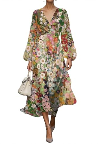 shownicer Vestito Donna Elegante Abito Cerimonia Vestito Lungo Stampa Floreale Manica Lunga Vestiti Curvy Autunno