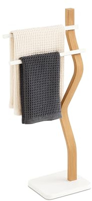 Toallero Relaxdays, (H x B x T): 86 x 37 x 18 cm, Metal, Madera, 2 Varillas, toallero de pie, baño, Blanco/Natural