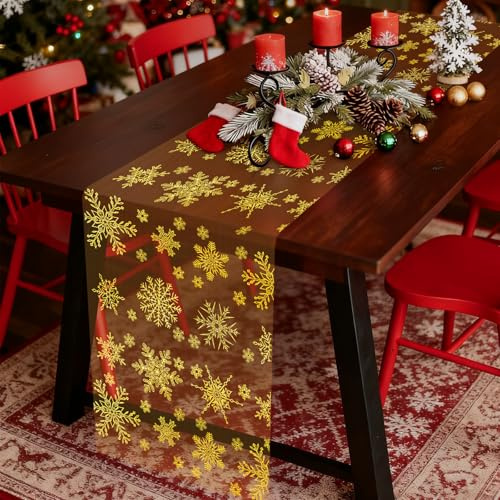 Tischläufer Weihnachten Rolle, Gold Organza Stoff Weihnachtstischläufer Schneeflocken Weihnachts Tischläufer Weihnachtsdeko Innen 28 x 920 cm, Weihnachtsläufer Tisch Tischdecke für Modern Tischdeko