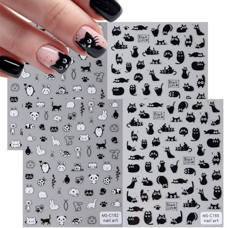 Cute Cartoon Animal Nail Decal Set for DIY Manicure Designs - Self-Adhesive Cat, Puppy, Bear, Turtle, Ladybug and Fish Stickers in a Four-Sheet Variety Pack for Women and Teens