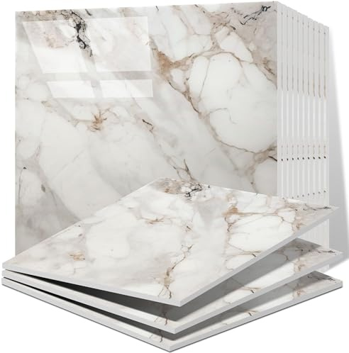 Vieshful 20pcs Self Adhesive Wall Tiles,30x30cm Stick on Wall Marble Tile, PVC Waterproof Shower Walls Panels, Back Splash Stick on Tiles for Kitchen Bathroom Livingroom Champagne Gold