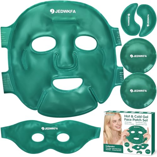 JEDWKFA kühlmaske Gesicht und Augenmaske kühlend, mit 4 x Augen Kühlpads, Gel Augenmaske Kühlend Wiederverwendbar, für Reduziert Schwellungen, Dunkle Ringe, Kalt & Heiß Dual Purpose
