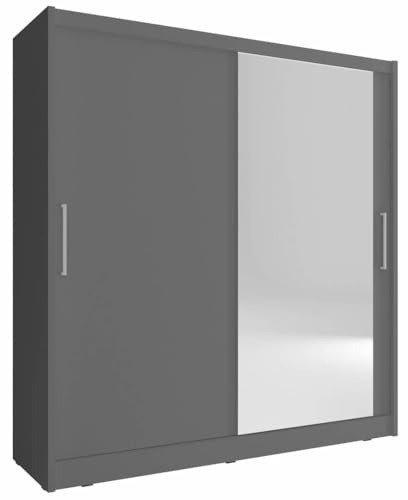 Arthauss Maja I Sliding Door Wardrobe with Mirror – Grey Matt W180 x H200 x D62 cm | Contemporary Storage with Shelves & Mirrored Door