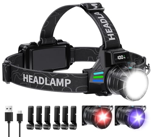 ET Stirnlampe Led Wiederaufladbar mit Weißem/Rotlicht/UV Licht/Schwarzlicht, Extrem Hell Kopflampe mit Batteriebetrieb, 16 Modi, Stirnlampe Wasserdicht für Schutzhelme, Jagd, Erkennung von Tierurin