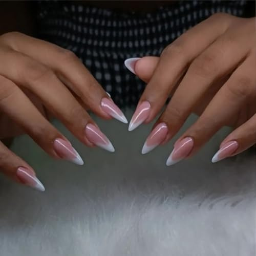 24PCS French Stick on Nails - Long False Nails French Tip - Press on nails Almond - Pink White Fake Nails with Glue - Strong Glue on nails for Women - Acrylic Nail Tips Long Lasting, Sturdy, Reusable