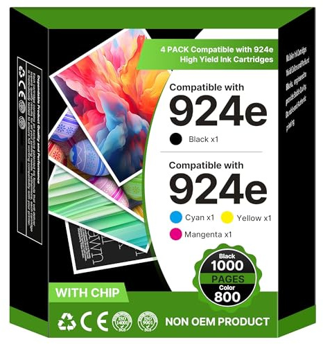 924 Patronen Multipack Kompatibel für HP OfficeJet pro 8122e Patronen, 924e 924 XL Druckerpatronen Set für HP 8132e 8130e 8124e 8135e 8134e 8125e 8120e All-in-One-Drucker (Schwarz Cyan Gelb Magenta)