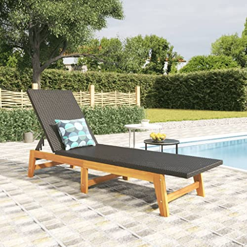 Hoopleep Sonnenliege Schwarz Braun Poly Rattan & Massivholz Akazie, Gartenliege Verstellbar, Outdoor Relaxliege für Terrasse, Pool, Strand, 200x54x87 cm