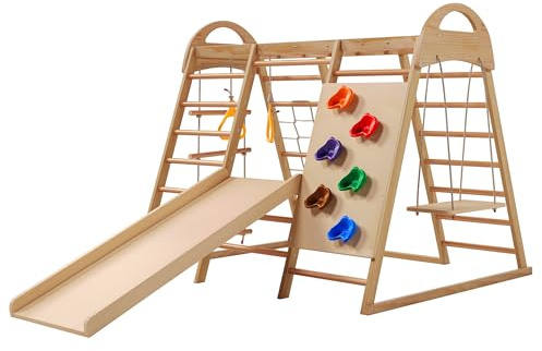 Generisch 7-in-1 Klettergerüst aus Massivholz mit Schaukel, Rutsche, Kletternetz & Zelthaus-Funktion – EN71 Zertifiziert für Kinder ab 3 Jahre (50 kg Traglast)