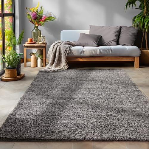 SIMPEX Flauschiger Teppich Wohnzimmer Schlafzimmer Läufer Flur Esszimmer Küchenteppich Hochflor Einfarbig Modernes Design 30 mm Florhöhe Kuschelweich, Grau, 300 x 400 cm