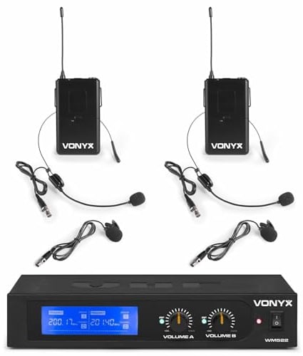 Vonyx WM522B - Mikrofon Empfänger mit 2 drahtlosen VHF-Bodypacks mit Headset Mikrofone, Mikrofonset, VHF Mikrofon für Shows, Entertainer, Moderation, Vorlesung, Professoren, Lehrer, Kopfmikrofon