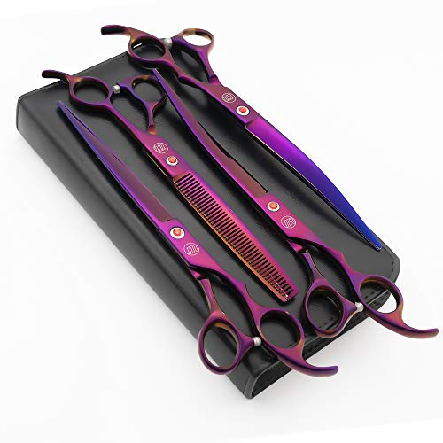 Moontay Professional 8.0 Dog Grooming Scissors Set, Purple | 4-pieces Straight, Upward Curved, Downward Curved, Thinning/Blending Shears for Dog, Cat and Pets