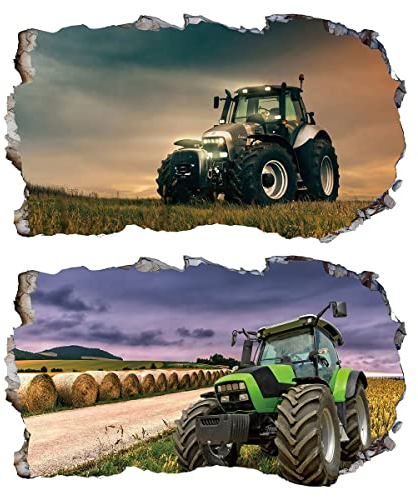 2Pcs Wandtattoo Traktor Trecker 3D Effekt XXL Farm Feld Landwirtschaft Wandaufkleber Fenster Selbstklebend für Junge Kinderzimmer Groß 1000mmx600mm