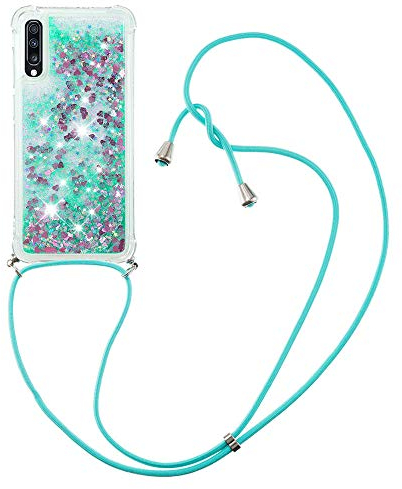 MRSTER Handykette Kompatibel mit Samsung Galaxy A70, Glitzer Flüssig Bewegende Treibsand Handyhülle mit Necklace mask Lanyard Schutzhülle für Samsung Galaxy A70. LP Love Green