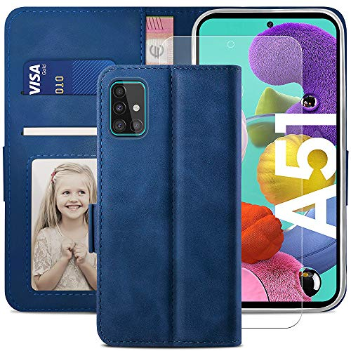 YATWIN Handyhülle Kompatibel mit Samsung Galaxy A51 Hülle +1 Stück Panzerglas Schutzfolie, Klapphülle Samsung A51 Premium Leder Brieftasche Schutzhülle [Kartenfach][Stand] Handytasche Case Blau