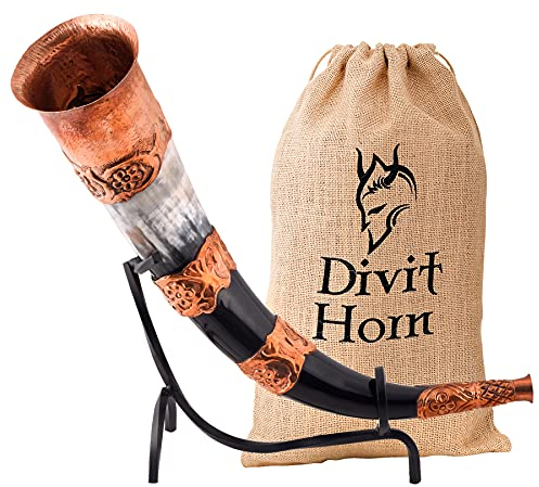 Divit - Corno vichingo con supporto in ferro, autentico corno medievale per birra, ornamenti in ottone e sacco regalo in iuta, capacità 453,6 g | (Copper, Polished)
