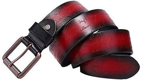 YZJYB Gürtel Herren Damen Echtleder Ledergürtel mit Schnalle Beschriftung Punk Rock Gürtel Vintage Western Design Versch Farben und Größen,Rot,120CM