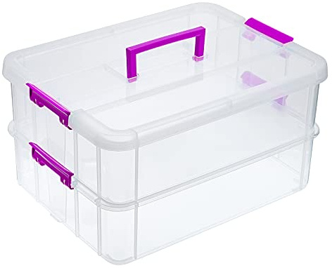 JUXYES Stapelbare Aufbewahrungsbox mit 2 Ebenen, mit Griff, stapelbare transparente Aufbewahrungsbox mit Griff und Deckel für Schul- und Bürobedarf