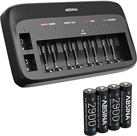 ABSINA Akku Ladegerät X10 für AA, AAA & 9V - Akkuladegerät inkl. 4X AA 2900 Akkus - NiMH Ladegerät 10-Fach für wiederaufladbare Micro AAA, Mignon AA & 9V Block Akkus - Batterieladegerät