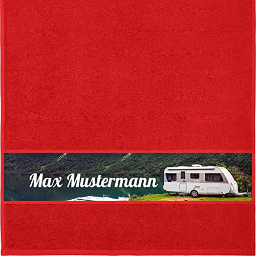 Manutextur Handtuch mit Namen - personalisiert - Motiv Wohnwagen 1 - viele Farben & Motive - Dusch-Handtuch - rot - Größe 50x100 cm - persönliches Geschenk mit Wunsch-Motiv und Wunsch-Name