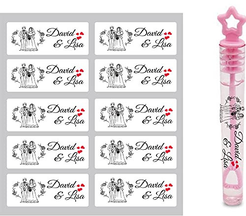 100 etichette trasparenti personalizzate, fatte a mano, per feste, matrimoni, bomboniere, regali personalizzati, bottiglie d'acqua, bottiglia di sapone a bolle, mini bacchette a forma di cuore (2,7 cm