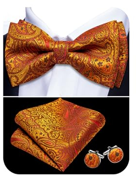 Barry.Wang Vorgebundene Fliege für Herren, Paisley-Seide, Einstecktuch und Manschettenknöpfe für Hochzeiten und formelle Veranstaltungen, Burnt Orange Red, Einheitsgröße
