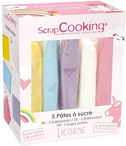 SCRAP COOKING - Lot de 5 Pâtes à Sucre Licorne - Jaune, Bleu Pastel, Parme, Blanc, Rose - 5 x 80 g - Pour Gâteaux Biscuits Décors Pâtisseries - Sans Gluten & Sans Huile de Palme - 7254