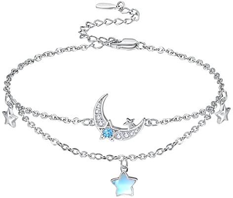 KINGWHYTE Mondstein Armband 925, Sterling Silber Verstellbares Armbänder, Blauer Mondstein Mond und Stern Armband Geschichtete Schmuck Geschenk für Weihnachten, Valentinstag