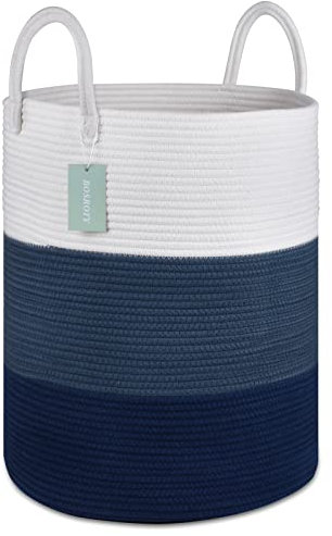 BOSROTY Large Blanket Basket, Tall Laundry Hamper 65L, Nursery Basket with Handles for Storage Toys Clothes Towels, Cotton Rope Woven Organiser, 40 x 50 CM, White & Cadet Blue & Navy Blue