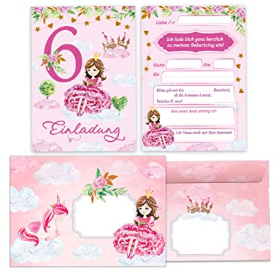 Junapack 12 Einladungskarten incl. 12 Umschläge zum 6. Kindergeburtstag Einladung zum sechsten Geburtstag Mädchen Prinzessin mit Einhorn