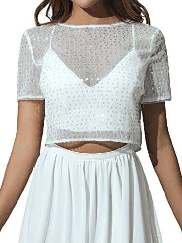 Unicra Abend-Bolero-Jacke mit Pailletten, lange Ärmel, Pailletten, Topper, Spitze, Brautkleid, Cape für Damen und Brautjungfer, Weiß