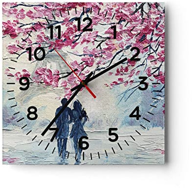 Modern Wanduhr Paar Paris Baum 30x30cm Quadrat Klein Wand Uhr Glas Analog Zimmeruhren Küche Büro Wohnzimmer Glasuhr Wall Clock Dekoration Design Wanddekoration Küchenuhr C4AC30x30-4211