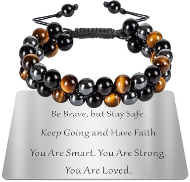 TOLOWOBK Mens Bracelets Gifts for Him Tigers Eye Bracelet Personalised Triple Protection Beaded Bracelets for Men Anniversary Christmas Birthday Gifts for Dad Son Husband Boyfriend Brother Grandson