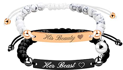 2-teiliges handgefertigtes Liebesherz-Magnetarmband-Set für Paare, kreierte weiße türkisfarbene und schwarze Achat-Armbänder für Damen und Herren, I Love You Forever für Sie und Ihn, Armbänder für