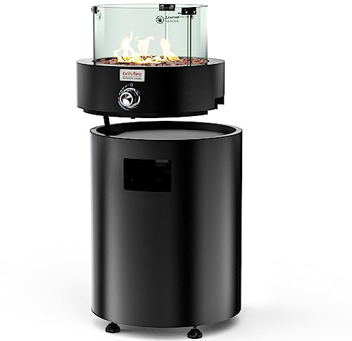 Onlyfire Premium abnehmbare Feuerstelle mit Glas-Windschutz und Rädern, rauchfreies Propangas-Feuerstelle für den Außenbereich, mit 9 kg Tank-Speicherkammer und 1,5 m Schlauch für Terrasse, Hinterhof,