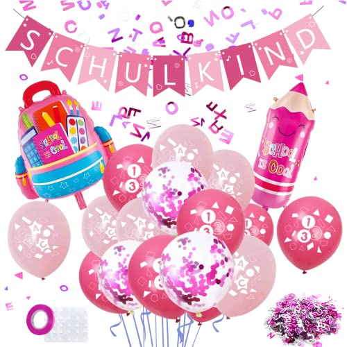 Einschulung Deko Mädchen, Einschulung Mädchen Deko, Schuleinführung Schulanfang Deko Mädchen mit Schulkind Girlande, ABC 123 Luftballons, Pencil Schultüte Folienballons, Buchstaben Konfetti