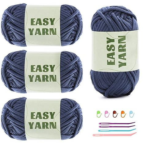 4 X 50g Häkelgarn Wolle zum Häkeln Dickes Garn Häkelwolle Easy Yarn Häkelgarn Chenille Wolle zum Häkeln gut Sichtbare Maschen, Dicke Wolles zum Häkelns Baumwoll-Nylon-Cowboyblau mit Häkelzubehör