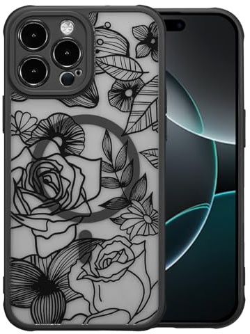 XIZYO Rose Blume Magnetisch Hülle für iPhone 15 Pro, Schwarz | Niedlich Ästhetisch Rose Floral Muster, Luxus Vintage Mädchen Stil, Matt Transluzent, Schlanke Dünne, Stoßfest Anti-Gelb