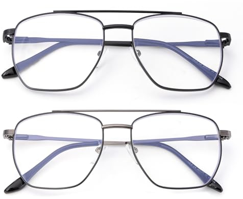 Tide Pack of 2 Aviator Blaues Licht blockiert lesebrille metallgestell, Weltraum-Augenschutz-Videobrille, blendfrei, für Damen und Herren, 1.0X
