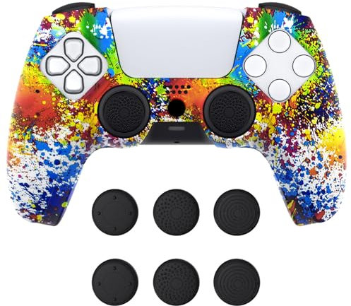 PlayVital Silikon Hülle für ps5, Dockable Schutzhülle Hülle Case Griffe Skin mit 6 Joystick-Kappen für ps5 Wireless Controller Passend zur Ladestation(Bunte Spritzer)