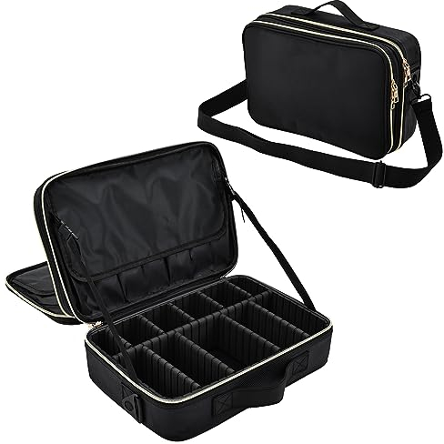 Joligrace Makeup Bag Cosmetic Case Beauty Box Hairdressing Tools Organiser Storage Box with Strap and Removable Dividers, Medium Size Black & Gold