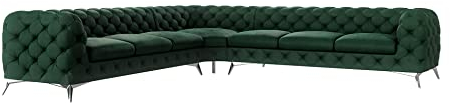 S-Style Möbel Maria Chesterfield Ecksofa Sofa L-Form Couch Eckcouch Wohnzimmer Möbel Wohnlandschaft Polstersofa mit Verchromten Füßen 7-Sitzer 323x323x75 cm Flaschengrün