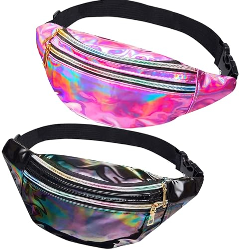 JunD 2 Stück Bauchtasche Damen Metallic, Gürteltasche Damen Holografisch, Bauchtasche Damen PU Leder, wasserdichte Reflektierende Bauchtasche, 80er & 90er Jahre Retro Bauchtasche (Rosa + Schwarz)