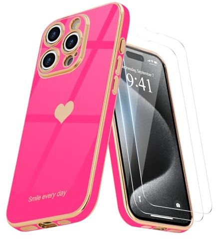 Teageo for iPhone 15 Pro Max Case with 2 Screen Protector Heart Pattern for Women Girls Luxury Bling Plating Soft TPU Anti-Scratch Shockproof Bumper Phone Case for iPhone 15 Pro Max, Hot Pink