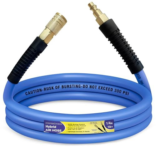 Air Compressor Hose 1/4 x 10ft 300PSI - Heavy Duty Hybrid Air Hose with Quick Coupling & Plug Kit, Lightweight, Kink Resistant, All Season Flexibility with Bending Limiters,
